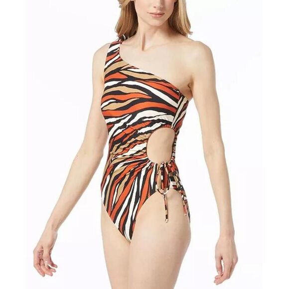 NWT Michael Michael Kors MM9F1074 One-Shoulder Zebra Swimsuit Size 10 - Picture 1 of 12
